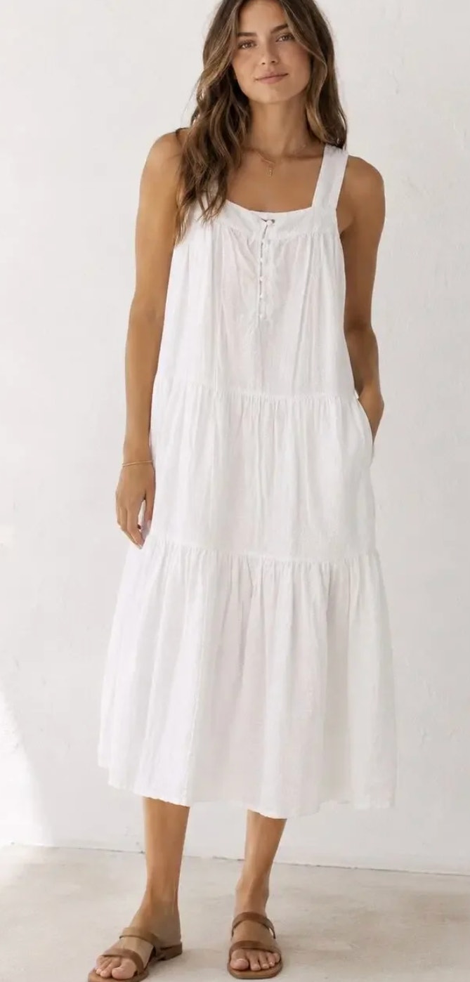 Faherty White Seersucker Tiered Midi Dress Sleeveless Women's Size Xl Minimalist